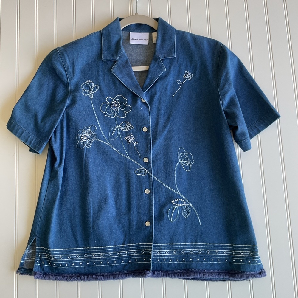 Alfred Dunner Denim Pearl Button Beaded Embroidered Fringe Blouse M 40in Women's